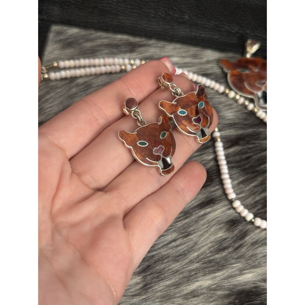 950 Sterling Silver Inlaid Red Orange Spiny Oyster Onyx MOP Jaguar Post Earrings